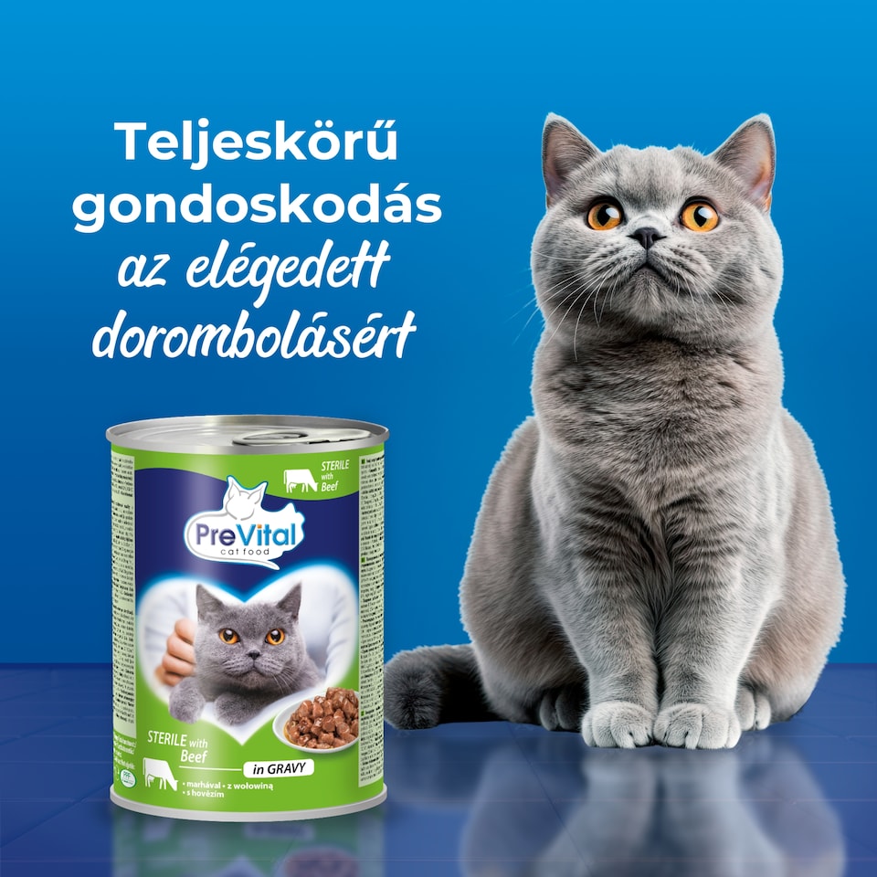 PreVital nedves macskaeledel, macskatáp steril macskáknak marhával szószban konzerv 415 g  1. kép