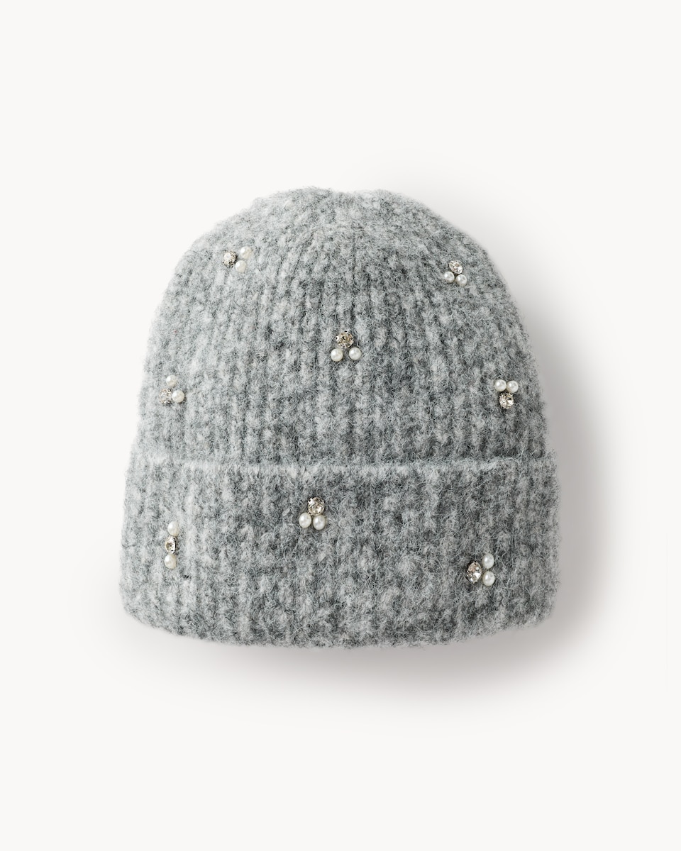 image 1 of F&F Knitted Embellished Hat in Grey