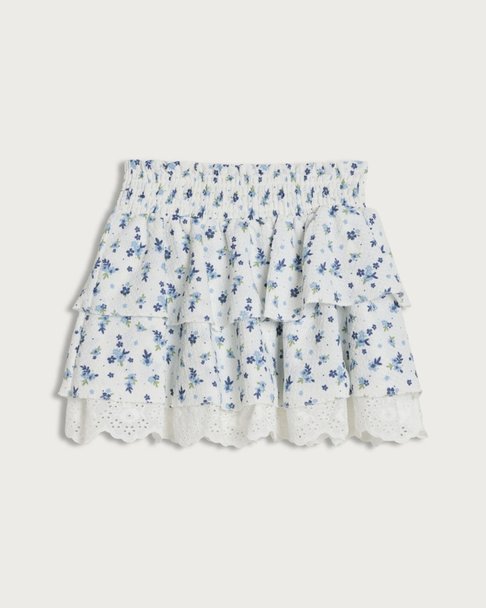 image 1 of F&F Girls Floral Print Broderie Hem Tiered Skirt in Multi White