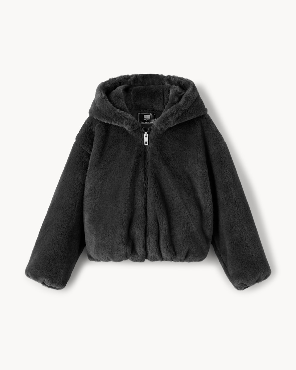 image 1 of F&F Girls Faux Fur Hooded Jacket in Grey