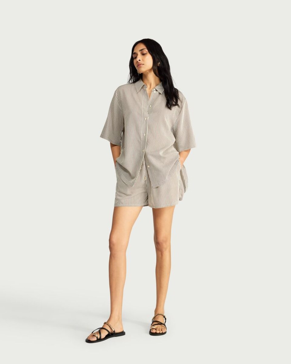 image 1 of F&F Striped Short Sleeved Oversized Fit Co-ord Shirt in Multi Brown