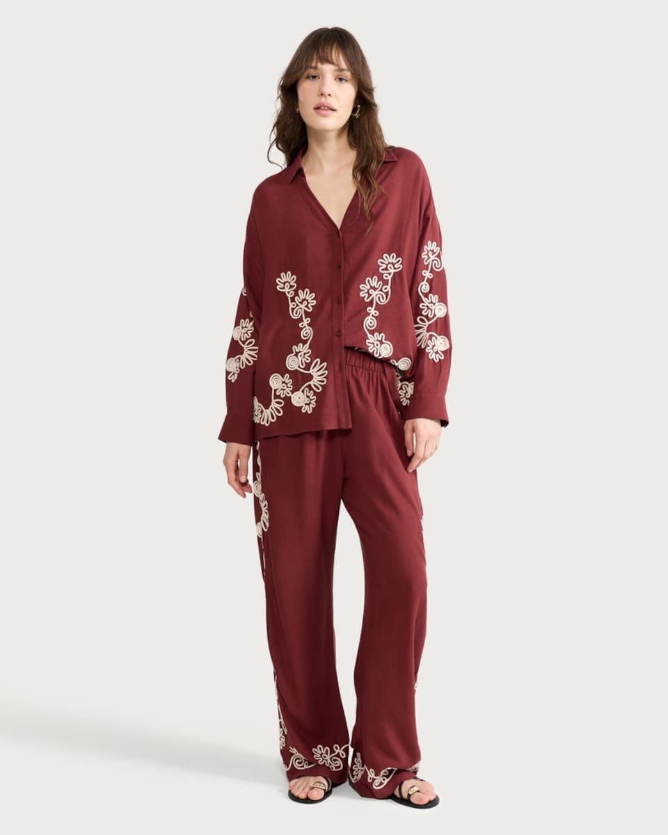 image 1 of The F&F Edit Embroidered Button Up Co-ord Shirt in Burgundy