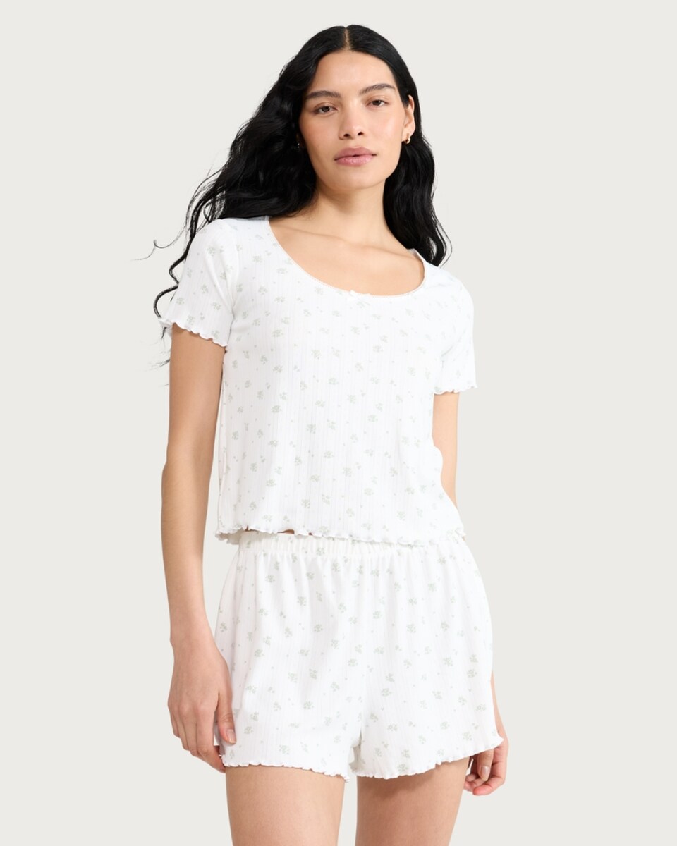 image 1 of F&F Pointelle Floral Print Pyjama Shorts in White