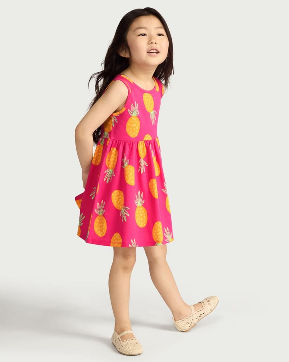 image 1 of F&F Girls 3-Pack Pure Cotton Pineapple Print Sleeveless Dresses in Multi Pink
