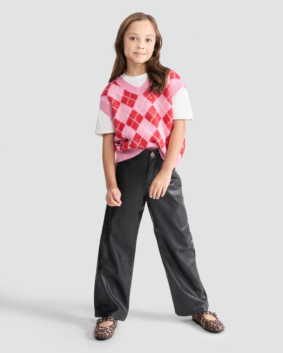 image 1 of F&F Girls Faux Leather Wide Leg Trousers in Black