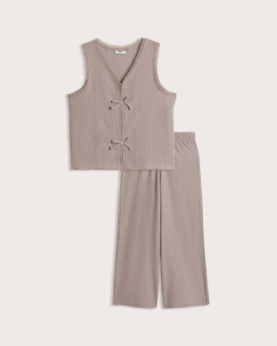 F&F Girls Textured Bow Detail Sleeveless Top and Trousers Set in Neutral