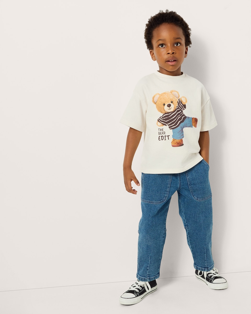 image 1 of F&F Boys Pure Cotton Bear T-Shirt in Cream