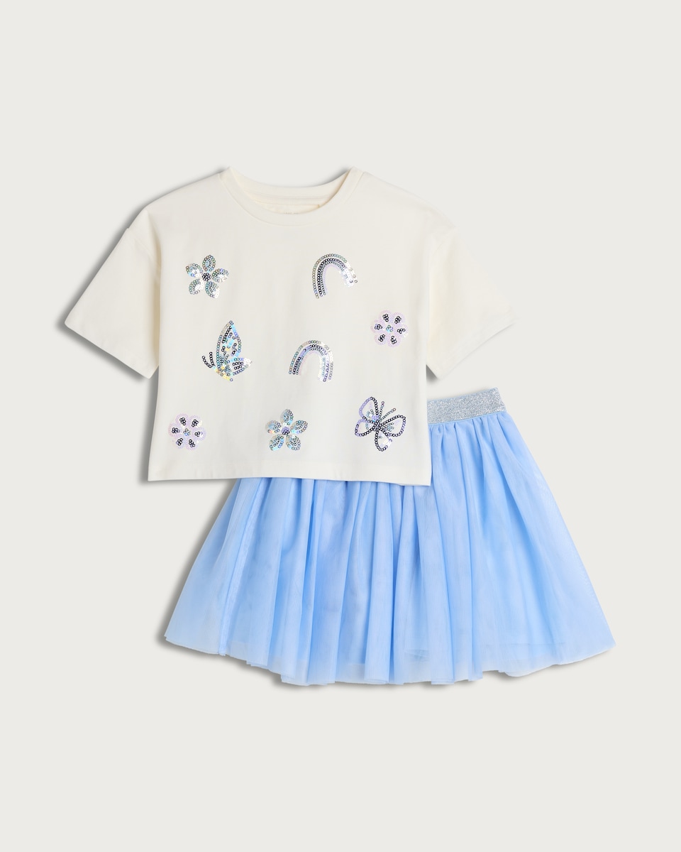 image 1 of F&F Girls 2-Piece Sequin T-Shirt and Tulle Skirt Set in Blue