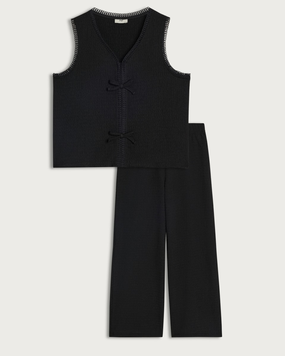 F&F Girls 2-Piece Textured Bow Detail Waistcoat and Trousers Set in Black