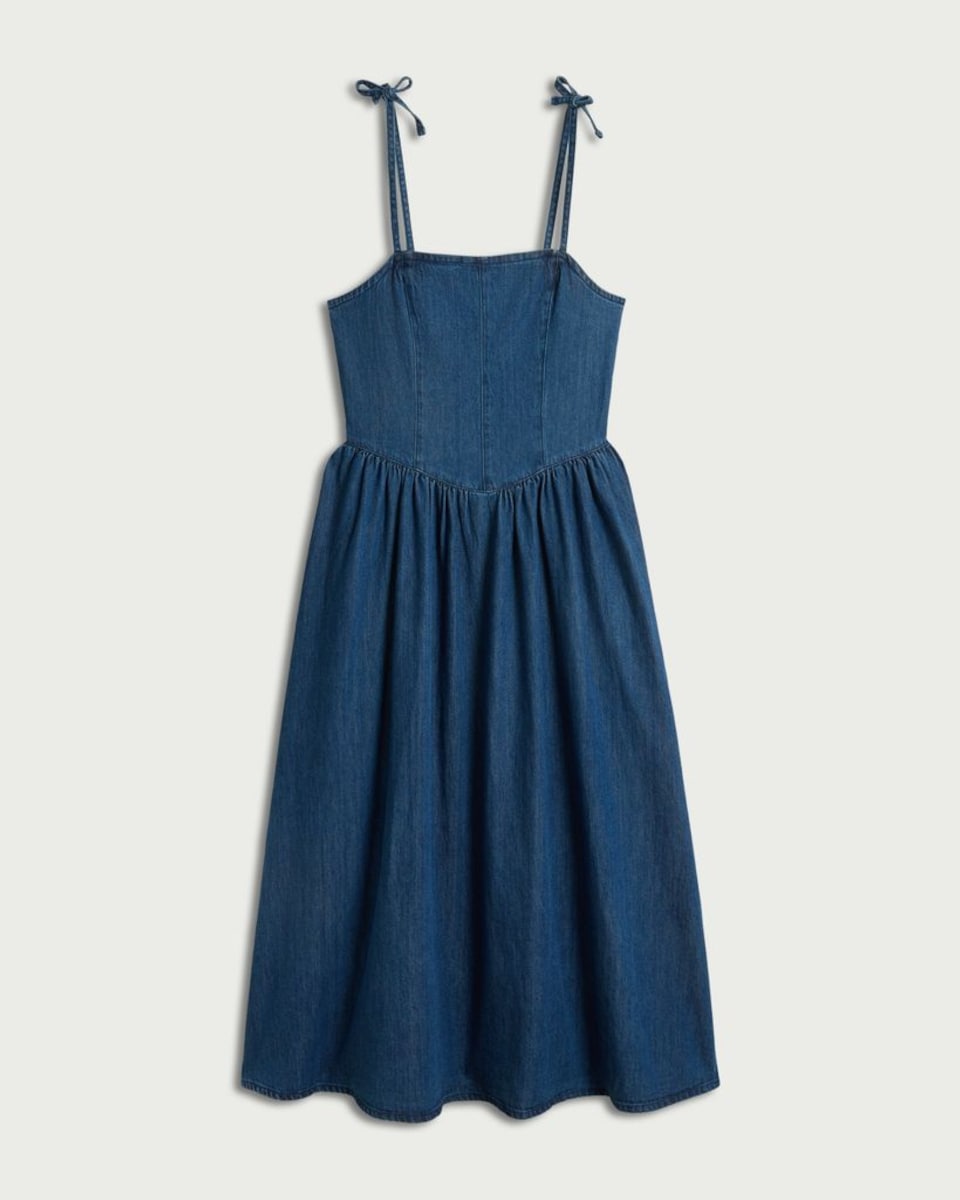 image 1 of F&F Pure Cotton Denim Tie Strap Midi Dress in Navy
