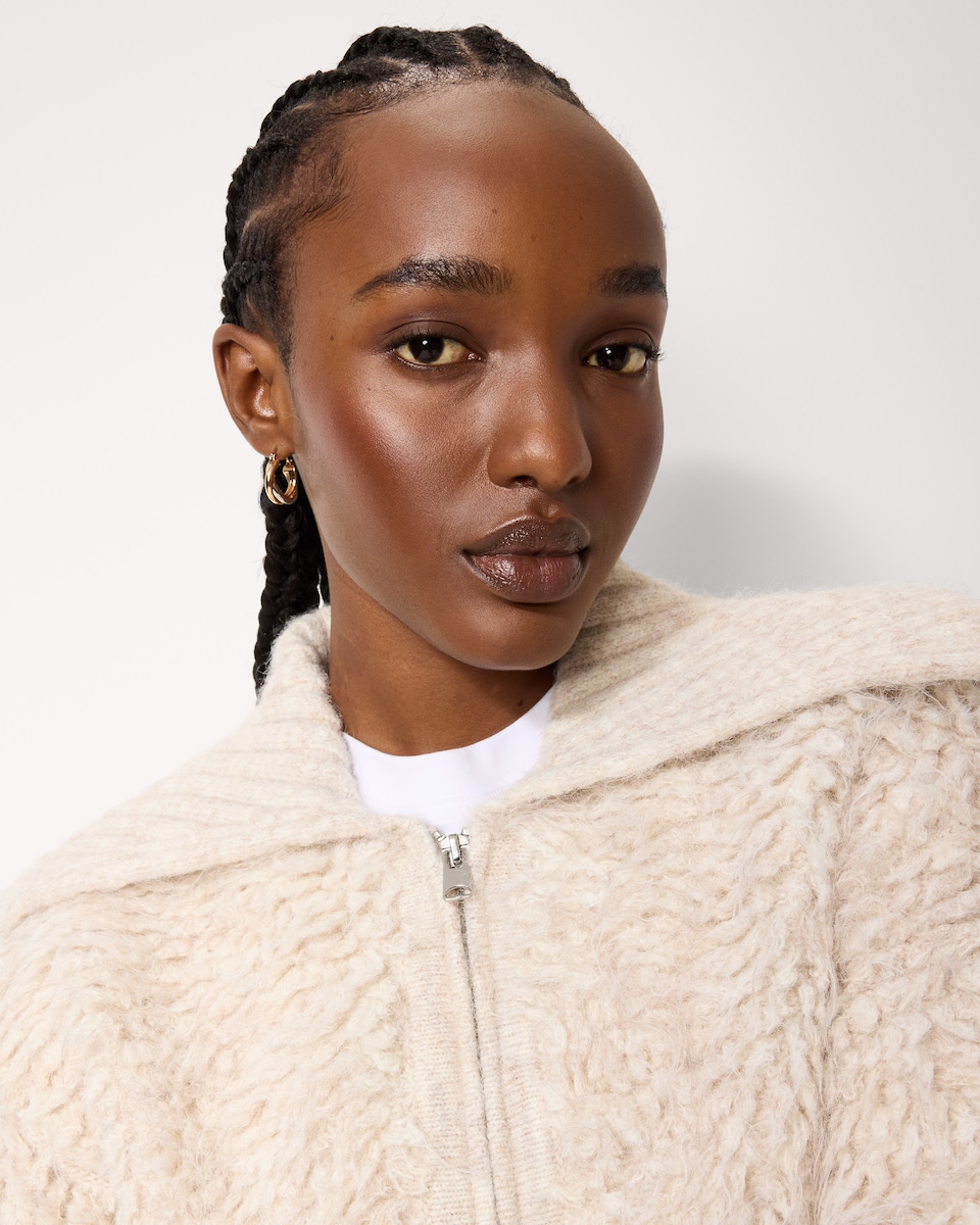 image 1 of F&F Shaggy Textured Zip Up Cardigan in Cream