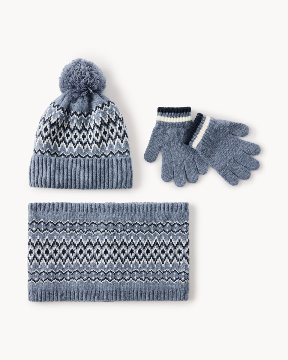 image 1 of F&F Boys Fair Isle Hat, Snood and Gloves Set in Blue