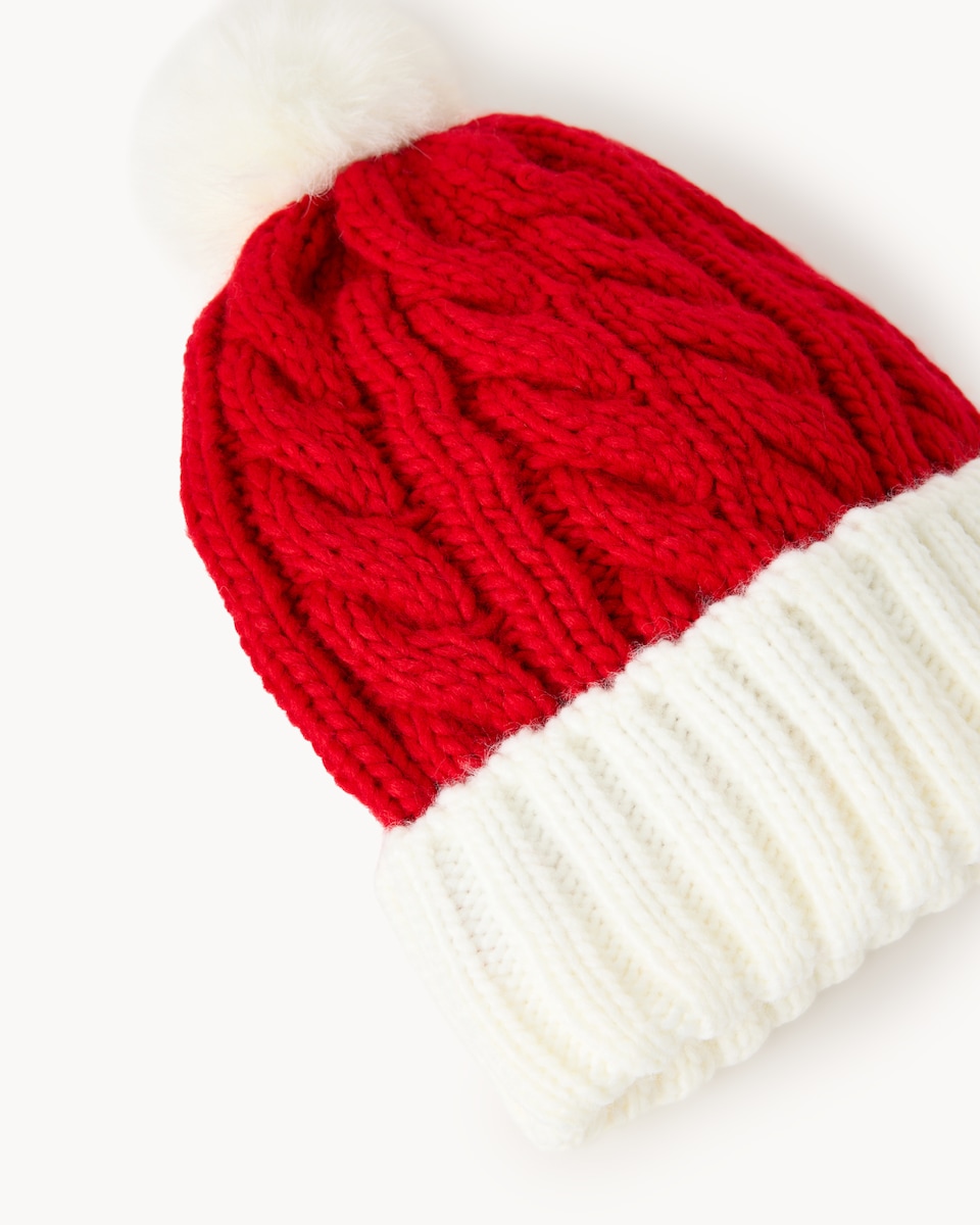 image 1 of Christmas Unisex Cable Knit Santa Hat in Red