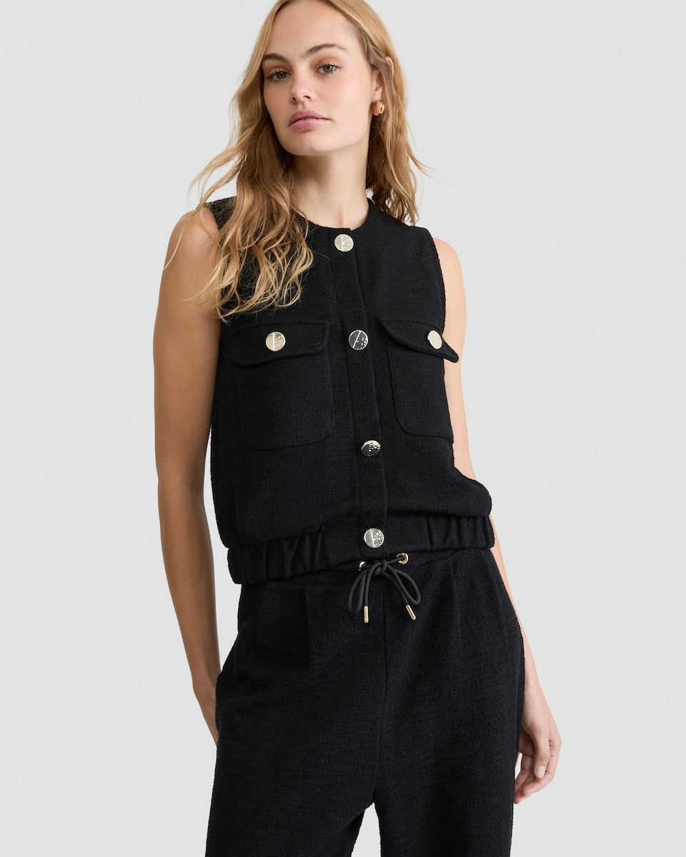 image 1 of F&F Cotton Rich Boucle Buttoned Waistcoat in Black