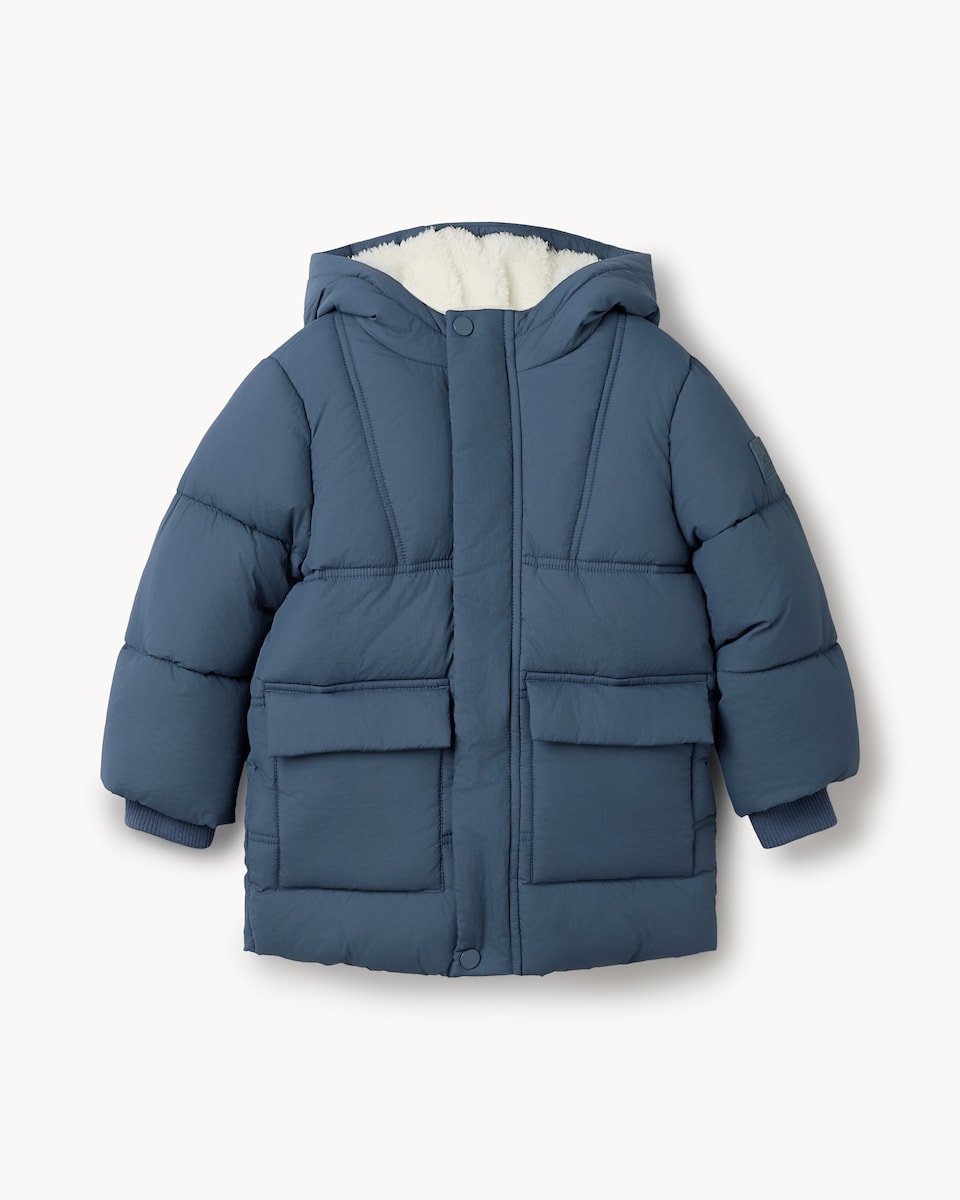 image 1 of F&F Boys Shower Resistant Longline Puffer Coat in Blue