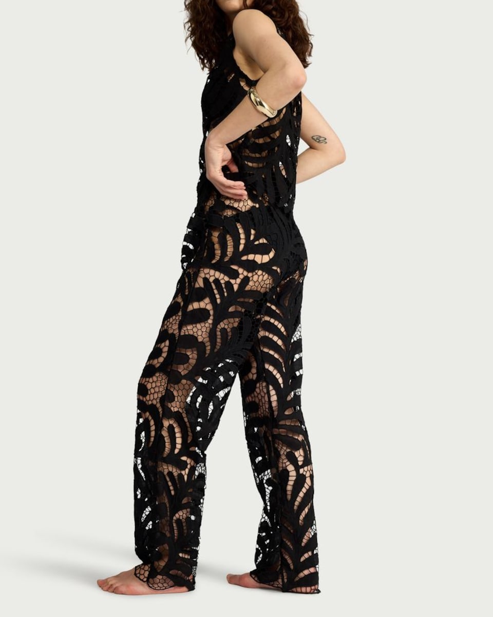 image 1 of F&F Leaf Lace Wide Leg Beach Trousers in Black