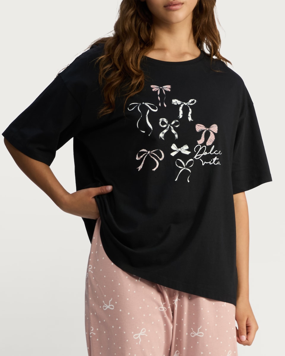 image 1 of F&F Pure Cotton Bow Print Short Sleeved Pyjama Top in Black