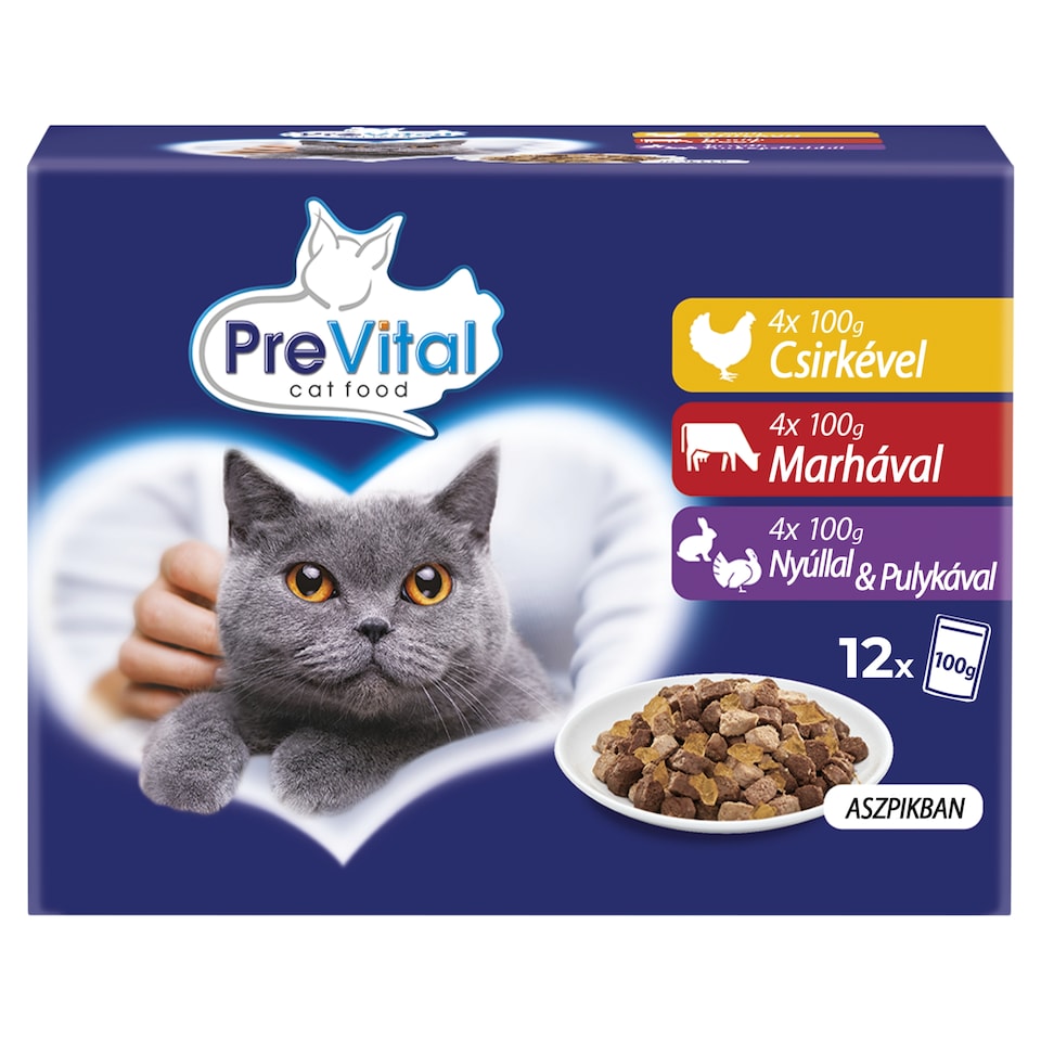 PreVital nedves macskaeledel, macskatáp felnőtt macskáknak aszpikban alutasakos 12 x 100 g  1. kép