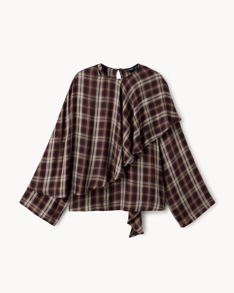 image 1 of F&F Checked Cape Detail Blouse in Burgundy