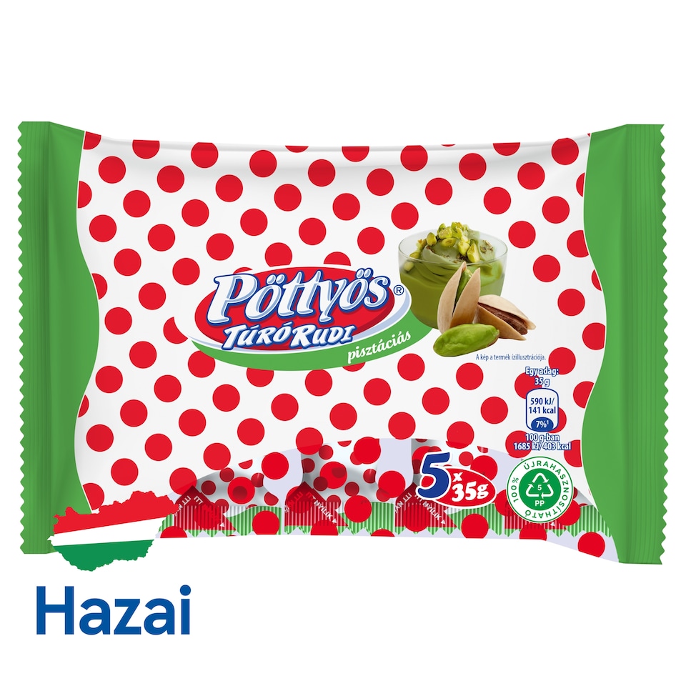 Pöttyös Túró Rudi pisztáciás túródesszert kakaós étbevonattal, pisztáciás töltelékkel 5 x 35 g