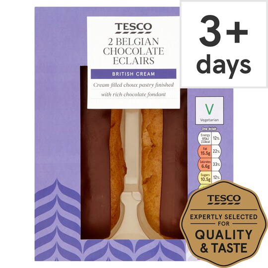 Tesco 2 Fresh Cream Belgian Chocolate Eclairs Tesco Groceries