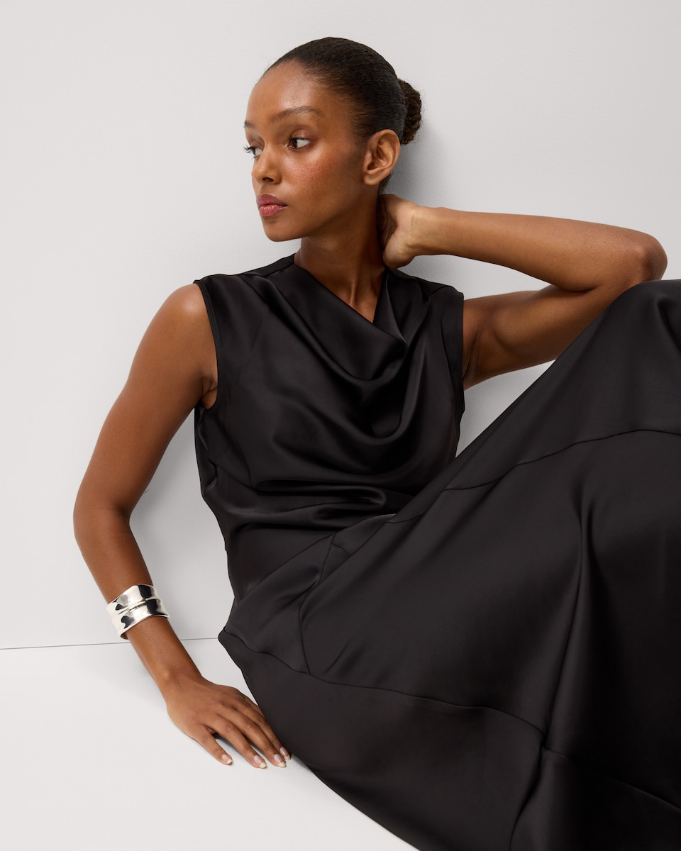 image 1 of F&F Satin Cowl Neck Midi Dress in Black
