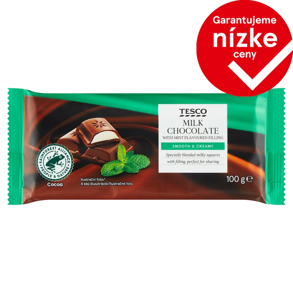 Tesco Mliečna čokoláda s náplňou s mätovou príchuťou 100 g