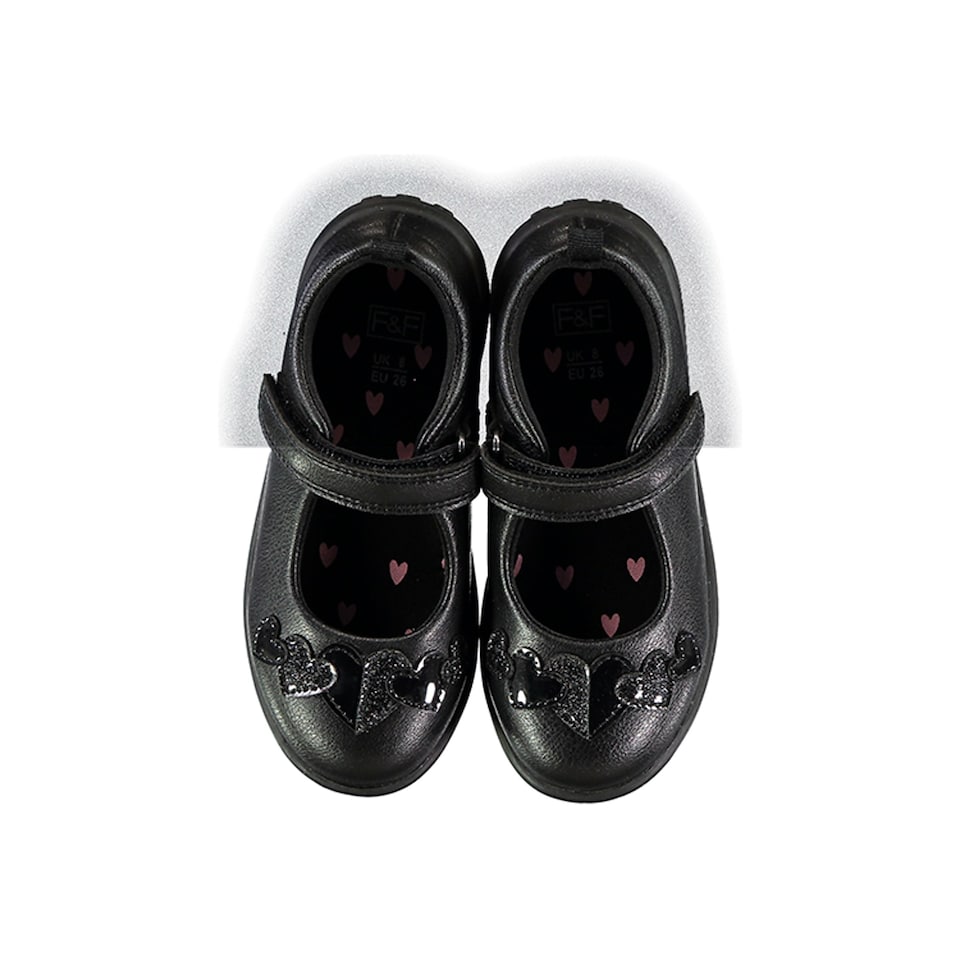 F&F School Girls Heart Detail Mary Jane Shoes in Black
