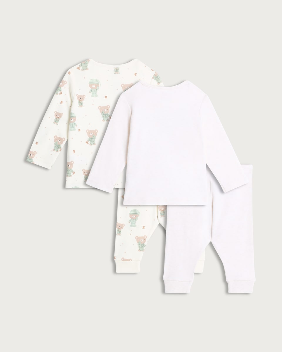image 1 of F&F Baby 2-Pack Pure Cotton Bear Print Top and Bottoms Pyjama Set in White