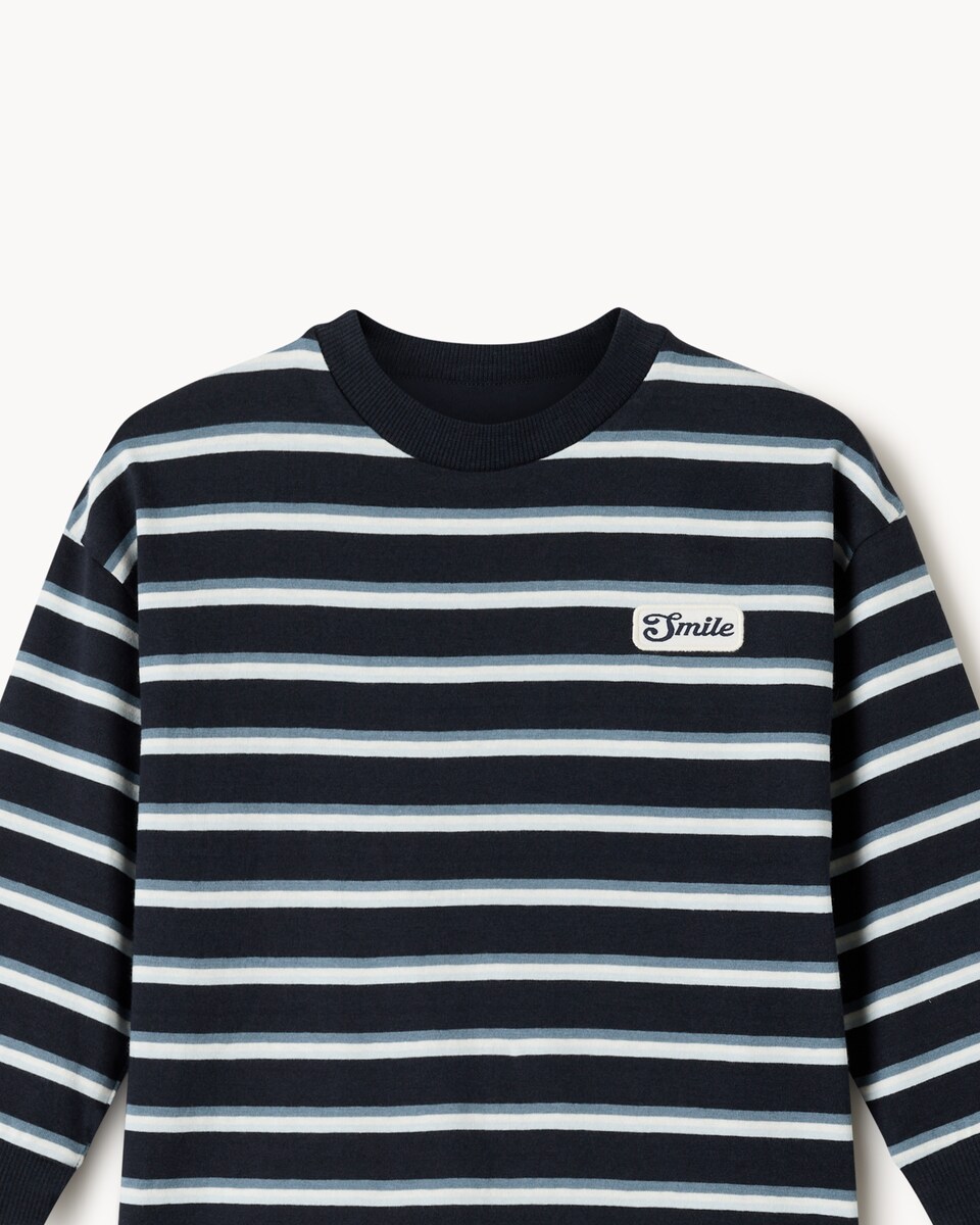 image 1 of F&F Boys Pure Cotton Striped Long Sleeved Top in Navy