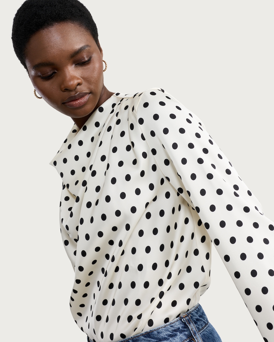 image 1 of F&F Satin Polka Dot Blouse in Cream