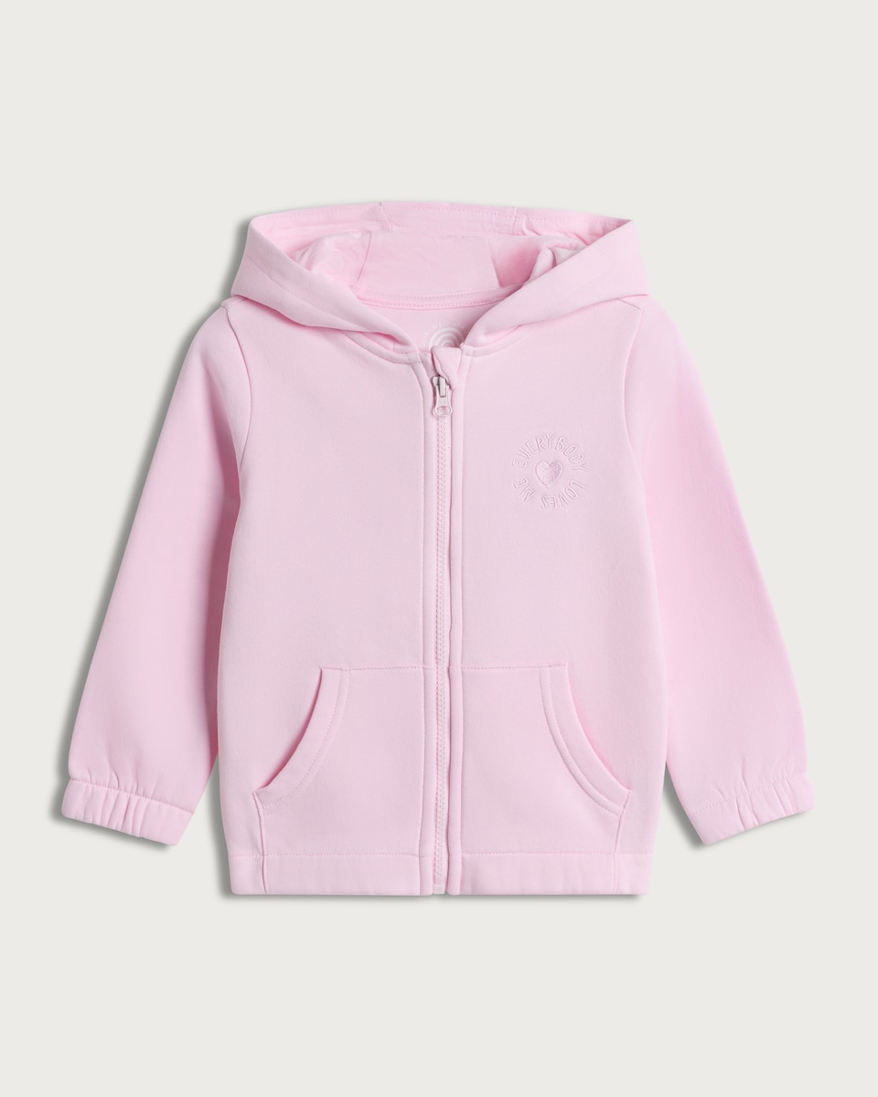 image 1 of F&F Girls Cotton Rich Embroidered Slogan Zip Up Hoodie in Pink