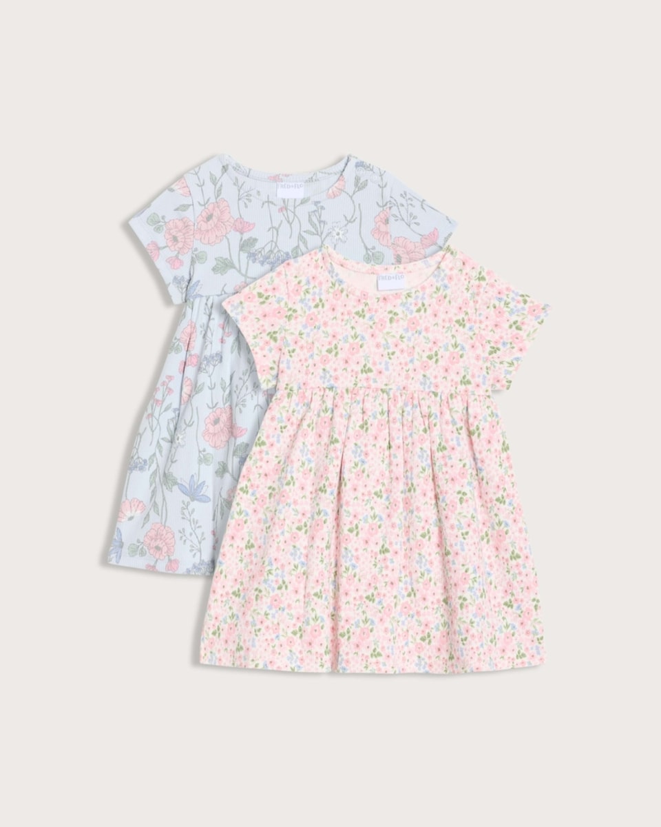 F&F Baby 2-Pack Cotton Rich Floral Print Dresses in Multi Pink