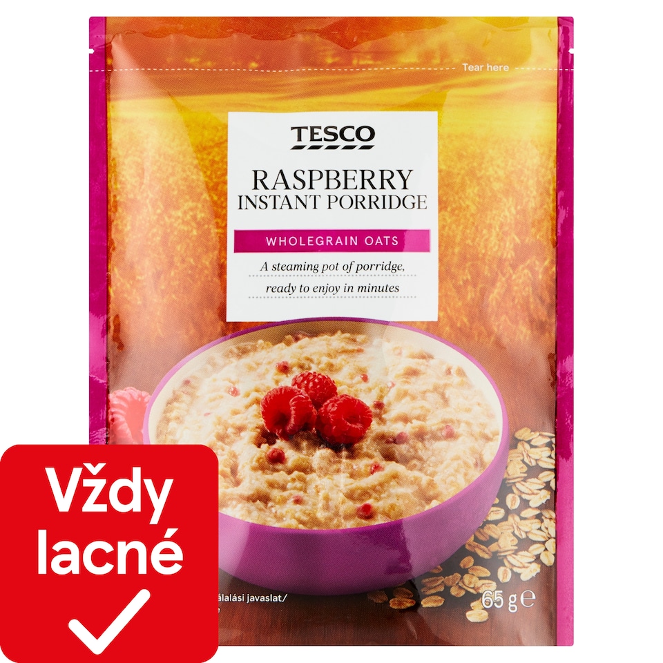 Tesco Instantná ovsená kaša s kúskami mrazom sušených malín 65 g