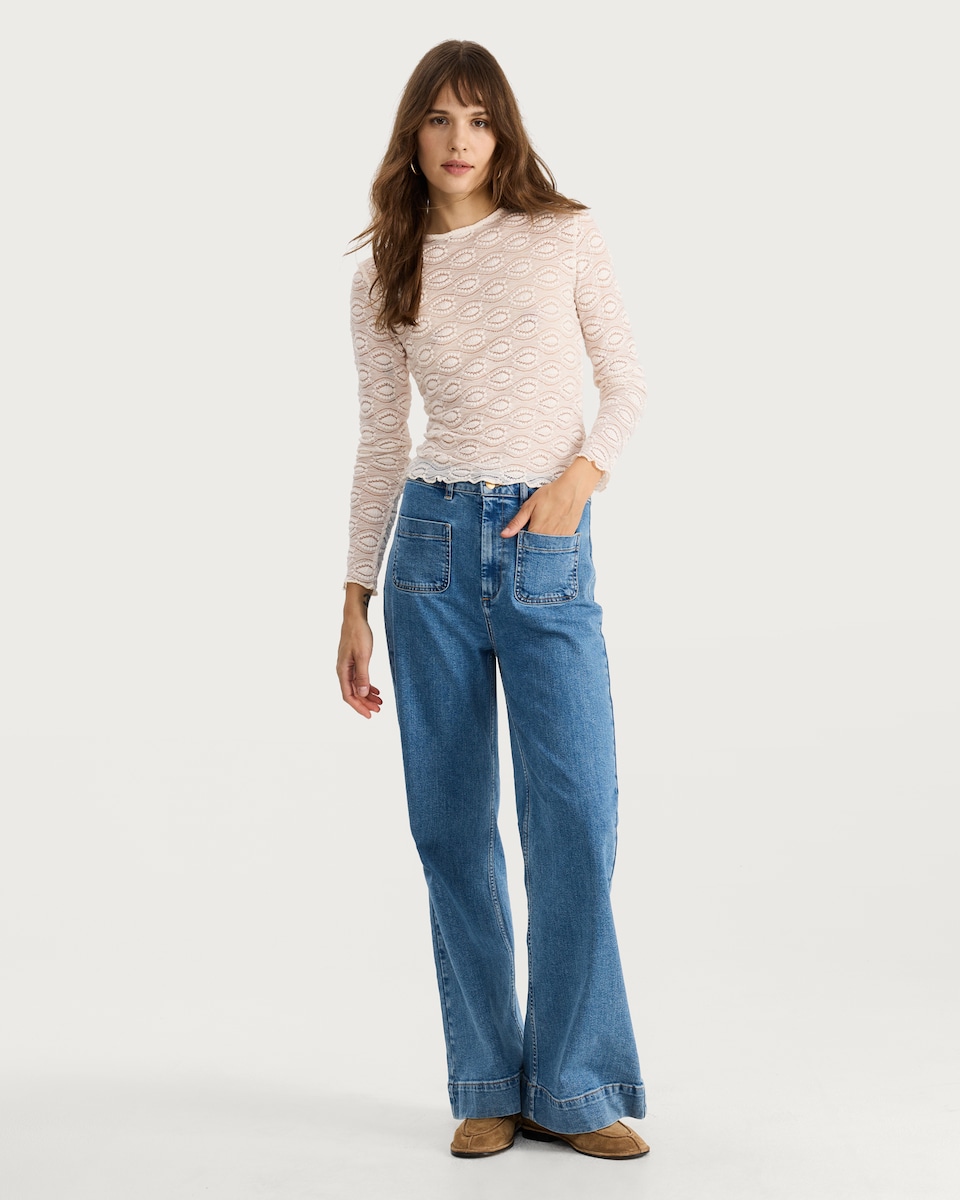 image 1 of F&F Textured Patterned Long Sleeved Top with Cotton in Cream
