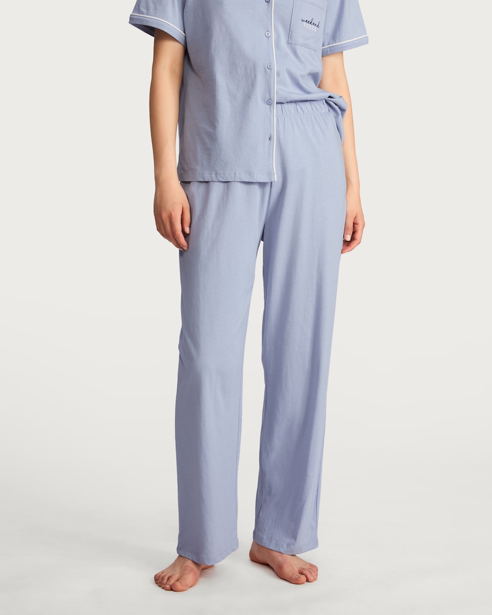image 1 of F&F Pure Cotton Weekend Vibes Revere Pyjama Set in Blue