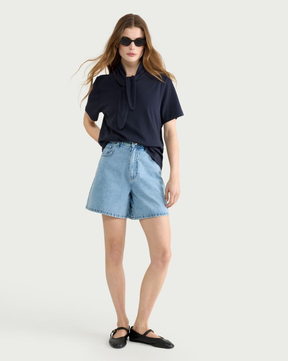 image 1 of The F&F Edit Pure Cotton Tie Neck T-Shirt in Navy