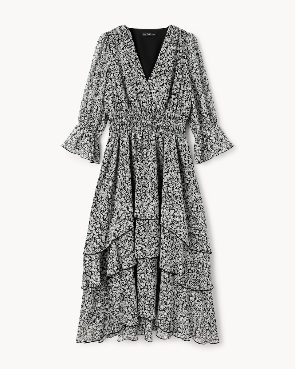 image 1 of F&F Chiffon Printed Tiered Midi Dress in Multi Black White