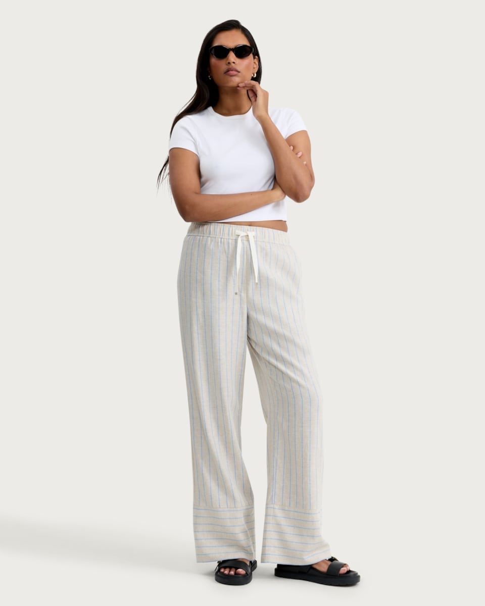 image 1 of F&F Linen Rich Striped Wide Leg Drawstring Trousers in Stone