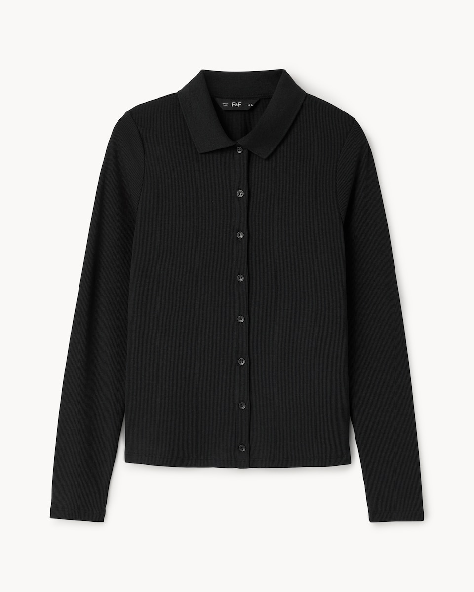 image 1 of F&F Ribbed Button Through Top in Black