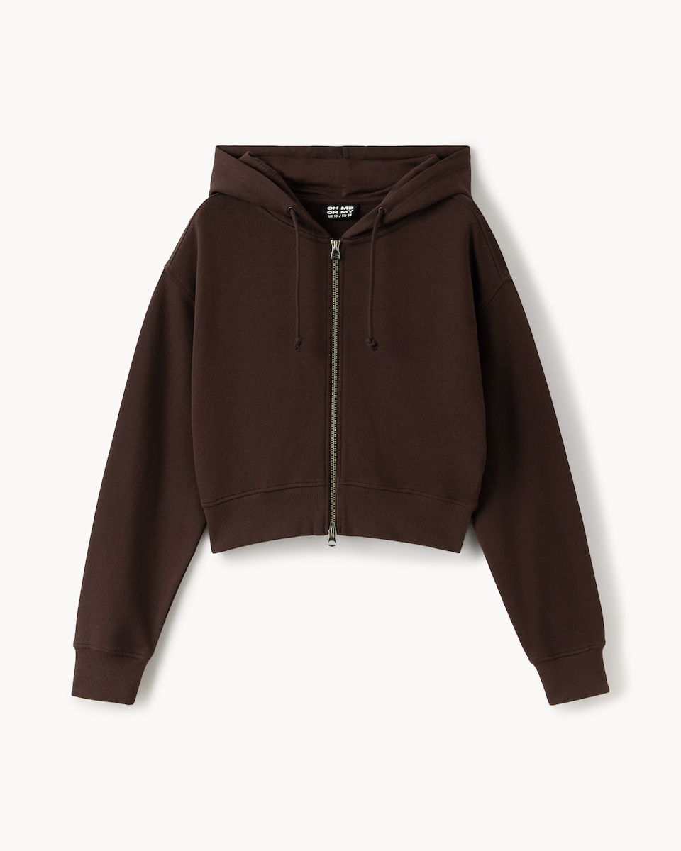 image 1 of OH ME OH MY Cotton Rich Cropped Zip Through Hoodie in Chocolate