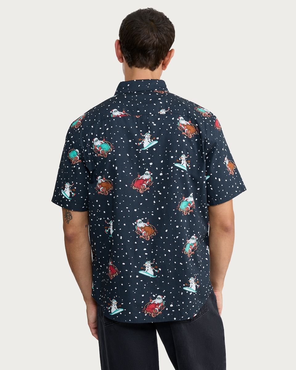 image 1 of F&F Pure Cotton Snowman and Sleigh Print Shirt in Navy