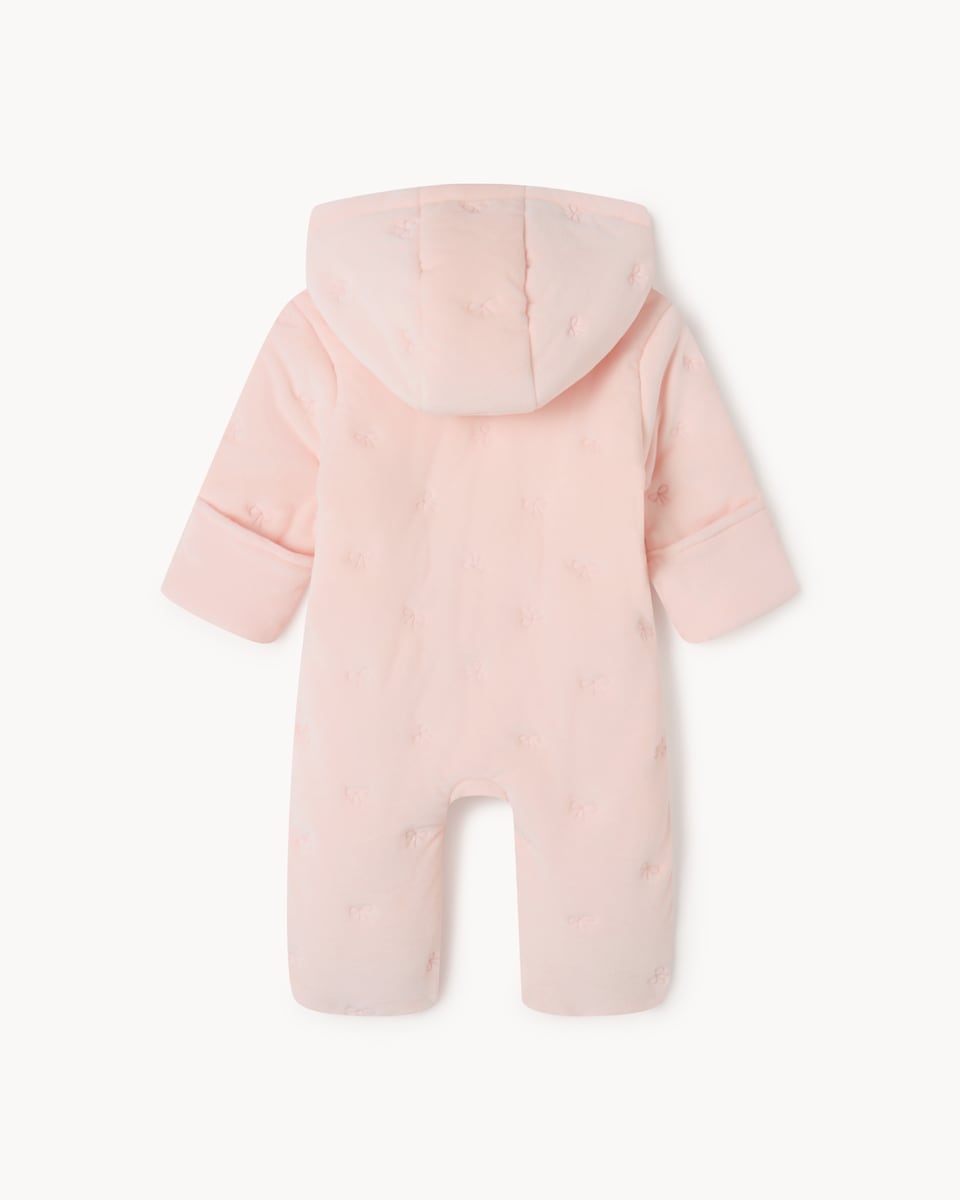 image 1 of F&F Baby Embroidered Bow Hooded Pramsuit in Pink