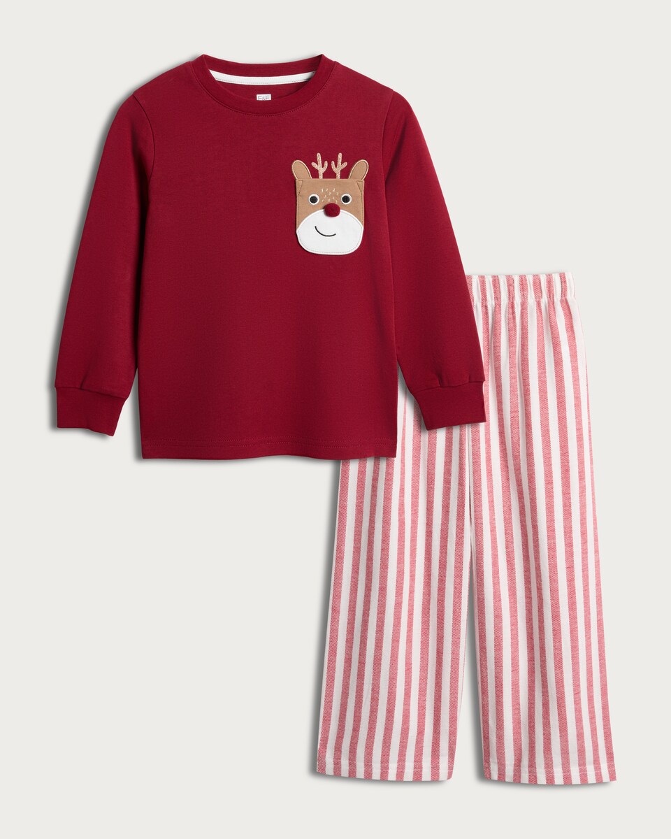 image 1 of F&F Boys Pure Cotton Reindeer Pocket Top and Trousers Pyjamas in Red