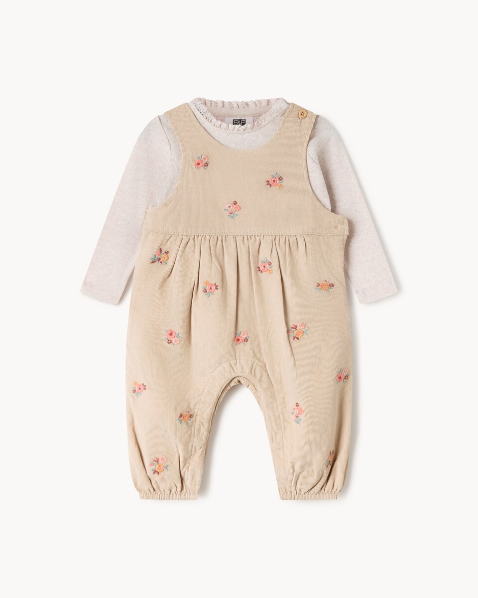 image 1 of F&F Baby Pure Cotton Corduroy Floral Dungarees and Bodysuit Set in Brown