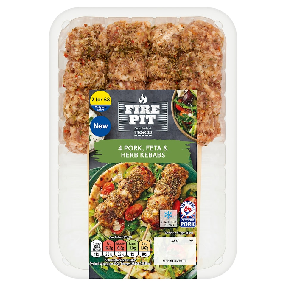 Tesco Fire Pit 4 Pork, Feta & Herb Kebabs 400G