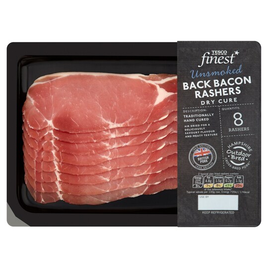 Tesco Finest Unsmoked Drycure Back Bacon 8 Rashers 240G Tesco Groceries