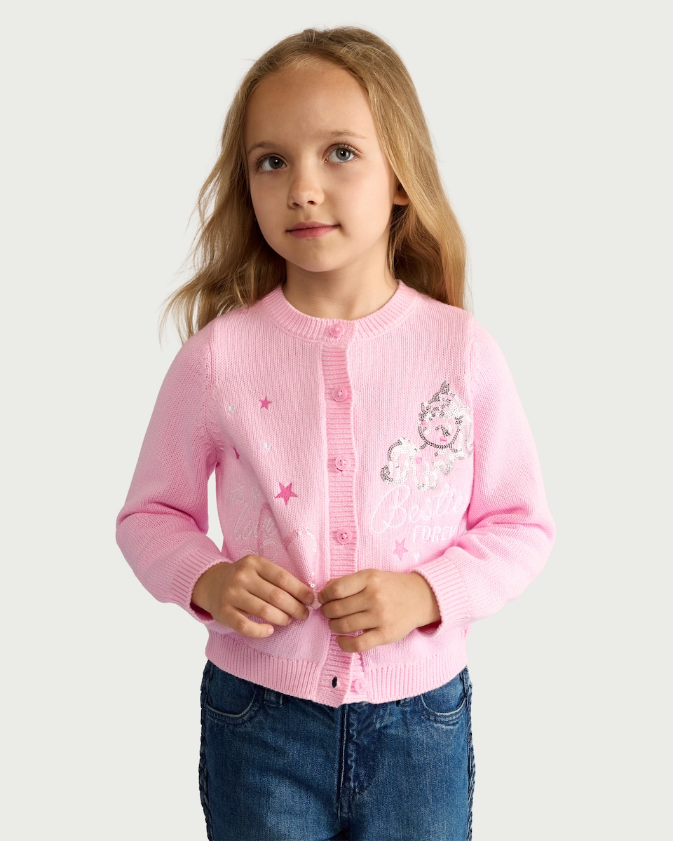 image 1 of F&F Girls Pure Cotton Sequin Unicorn Cardigan in Pink