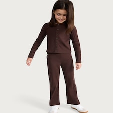 F&F Girls 2-Piece Cotton Rich Ribbed Cardigan and Trousers Set in Brown