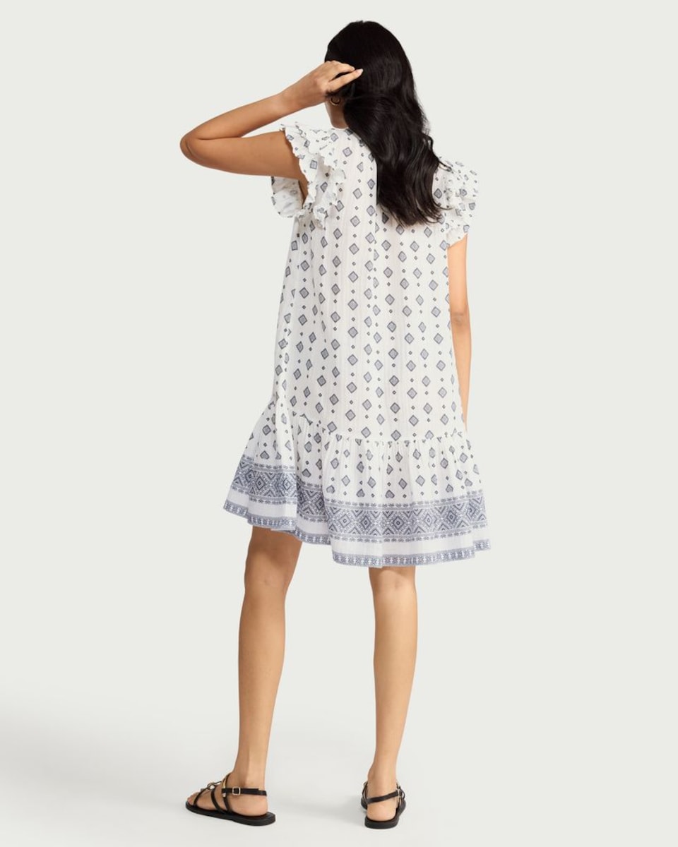 image 1 of F&F Pure Cotton Double Cloth Ruffle Sleeved Tiered Dress in Multi White